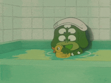 a cartoon character is playing with a yellow rubber duck