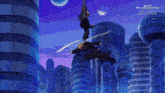 a person is flying through the air in a city in a cartoon .