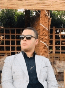 a man wearing sunglasses and a grey jacket has the word videoshow on his sleeve