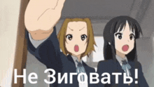 a couple of anime girls are standing next to each other with their hands in the air and a sign that says ne zigovatb !