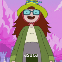 a cartoon character is wearing glasses and a hat and has the word asuca on the bottom