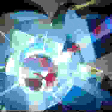 a pixelated image of a person 's face with a blue and purple background
