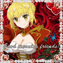 a picture of a anime girl with the words good morning friends