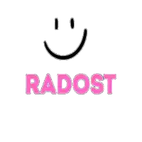 a white background with a smiley face and the word radost in pink