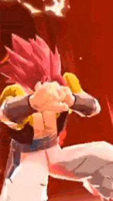 a close up of a person 's face in a video game with a red background .