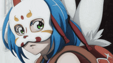 a cartoon character with blue hair and a white mask