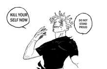a black and white drawing of a man with a speech bubble that says kill your self now and do not stand proud