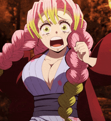 a girl with pink hair and green eyes screams with her mouth open