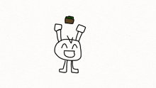 a cartoon character with a purple ball on his head is standing next to a blue object with a face .
