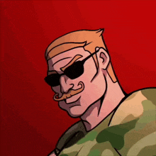 a man with a mustache wearing sunglasses and a camouflage shirt