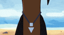 a cartoon drawing of a person wearing a necklace with an arrow pointing down