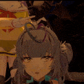 a close up of a cartoon character 's face with a snake behind her