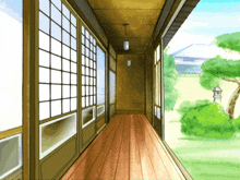 a cartoon drawing of a hallway with a lantern hanging from the ceiling