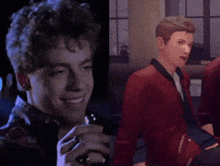 a young man in a red jacket is smiling and holding a microphone