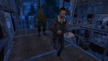 a man is running in a dark room with a rabbit in the background