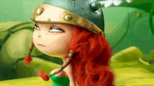 a cartoon character with red hair wearing a helmet with a cross on it