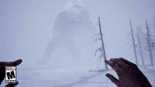 a person is holding a sword in front of a giant in a video game which is rated m for mature audiences