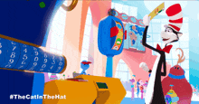 a cat in a red and white hat is standing in front of a machine that says ' do ' on it