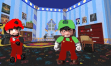 two video game characters are standing in a room with posters on the wall