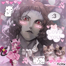 a girl with cat ears is surrounded by hearts and a speech bubble that says love you