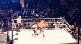 two wrestlers in a wrestling ring with a referee