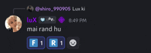 a screenshot of a chat with lux and mai rand hu at 8:49 pm