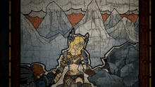 a painting of a woman with a mountain background