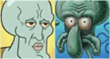 squidward and patrick from spongebob squarepants are standing next to each other on a yellow and blue background .