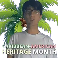 a man wearing glasses stands in front of a palm tree with the words caribbean american heritage month below him