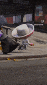 a cartoon character wearing a sombrero is walking down a street in front of a public entrance