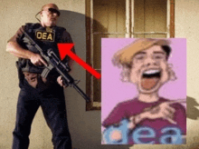 a man wearing a dea vest holds a gun