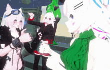 a girl in a green sweater is standing next to a girl with white hair