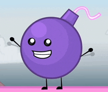 a purple bomb with a smiling face and arms