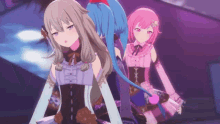 three anime girls are standing next to each other on a stage in a video game .