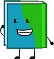 a blue and green book with arms and legs is smiling and standing on a white background .