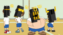 a group of cartoon characters with their faces obscured by blocks including a fat man