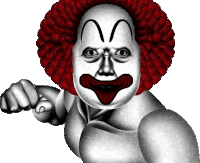 a black and white drawing of a clown pointing at the camera