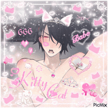 a picture of a man with kitty cat written in pink
