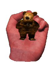 a red hand is holding a small brown bear with its eyes closed