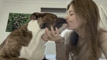 a woman is kissing a brown and white dog on the cheek