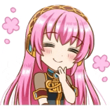 a cartoon girl with pink hair and headphones is smiling and holding her hand to her face .