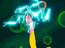 a cartoon drawing of a person blowing bubbles with a lightning bolt in the background