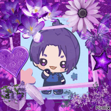 a picture with purple flowers and a picture of a girl with the letter m on her shirt