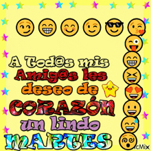 a yellow background with smiley faces and the words " a todos mis amigos les deseo de corazon un lindo malques "