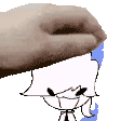 a hand is holding a piece of paper over a cartoon character 's face .