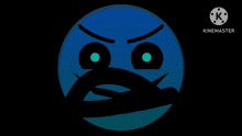 a blue smiley face with black eyebrows and green eyes is on a black background