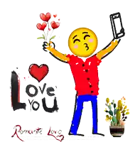 a drawing of a man holding a bouquet of flowers and taking a picture with a cell phone