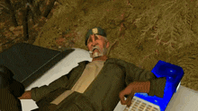 a man in a military uniform is laying on a bed holding a blue light
