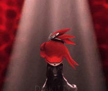 a cartoon character with red hair is standing in front of a red curtain and the word diakitty is on the bottom
