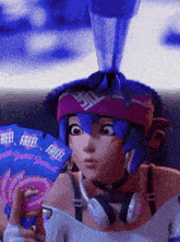 a girl with blue hair and headphones is holding a donut and a pack of free donut cards